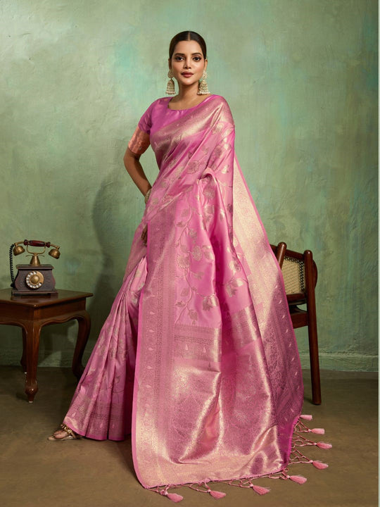 Dual Tone Banarasi Silk With Golden Zari Woven In Iconic Banarasi Jaal Pattern With Meenakari Hues Throughout Attached Dual Color Jhallar With Fumka
