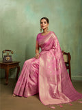 Dual Tone Banarasi Silk With Golden Zari Woven In Iconic Banarasi Jaal Pattern With Meenakari Hues Throughout Attached Dual Color Jhallar With Fumka