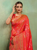 Dual Tone Banarasi Silk With Golden Zari Woven In Iconic Banarasi Jaal Pattern With Meenakari Hues Throughout Attached Dual Color Jhallar With Fumka