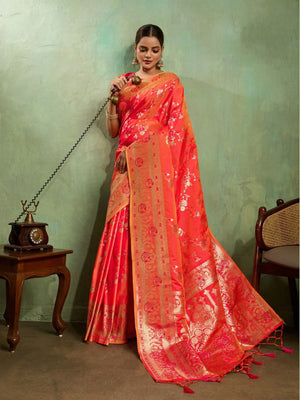 Dual Tone Banarasi Silk With Golden Zari Woven In Iconic Banarasi Jaal Pattern With Meenakari Hues Throughout Attached Dual Color Jhallar With Fumka