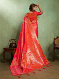 Dual Tone Banarasi Silk With Golden Zari Woven In Iconic Banarasi Jaal Pattern With Meenakari Hues Throughout Attached Dual Color Jhallar With Fumka