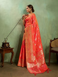 Dual Tone Banarasi Silk With Golden Zari Woven In Iconic Banarasi Jaal Pattern With Meenakari Hues Throughout Attached Dual Color Jhallar With Fumka