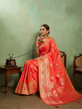 Dual Tone Banarasi Silk With Golden Zari Woven In Iconic Banarasi Jaal Pattern With Meenakari Hues Throughout Attached Dual Color Jhallar With Fumka