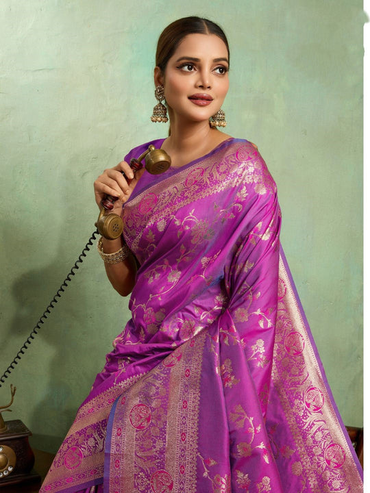 Dual Tone Banarasi Silk With Golden Zari Woven In Iconic Banarasi Jaal Pattern With Meenakari Hues Throughout Attached Dual Color Jhallar With Fumka