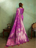 Dual Tone Banarasi Silk With Golden Zari Woven In Iconic Banarasi Jaal Pattern With Meenakari Hues Throughout Attached Dual Color Jhallar With Fumka