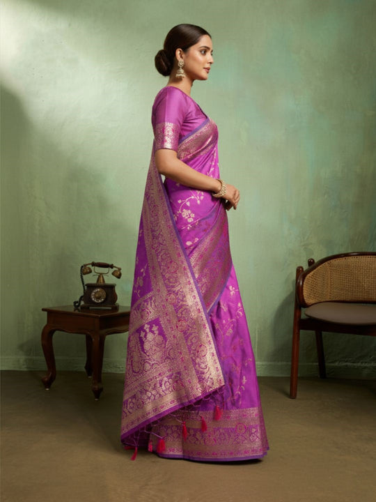 Dual Tone Banarasi Silk With Golden Zari Woven In Iconic Banarasi Jaal Pattern With Meenakari Hues Throughout Attached Dual Color Jhallar With Fumka