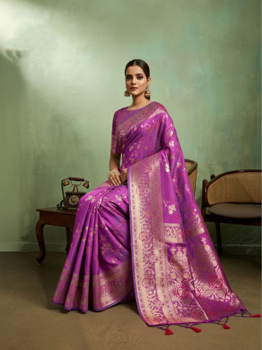Dual Tone Banarasi Silk With Golden Zari Woven In Iconic Banarasi Jaal Pattern With Meenakari Hues Throughout Attached Dual Color Jhallar With Fumka
