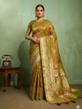 Dual Tone Banarasi Silk With Golden Zari Woven In Iconic Banarasi Jaal Pattern With Meenakari Hues Throughout Attached Dual Color Jhallar With Fumka