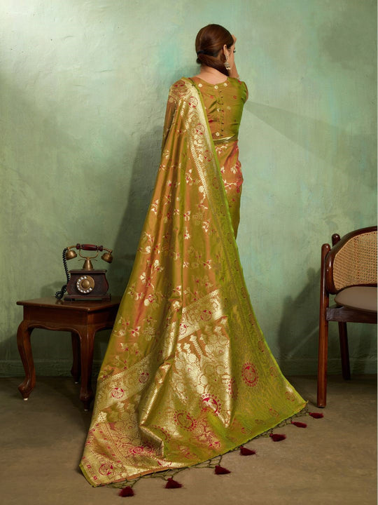 Dual Tone Banarasi Silk With Golden Zari Woven In Iconic Banarasi Jaal Pattern With Meenakari Hues Throughout Attached Dual Color Jhallar With Fumka