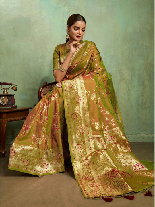Dual Tone Banarasi Silk With Golden Zari Woven In Iconic Banarasi Jaal Pattern With Meenakari Hues Throughout Attached Dual Color Jhallar With Fumka