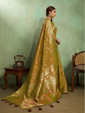 Dual Tone Banarasi Silk With Golden Zari Woven In Iconic Banarasi Jaal Pattern With Meenakari Hues Throughout Attached Dual Color Jhallar With Fumka