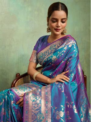 Dual Tone Banarasi Silk With Golden Zari Woven In Iconic Banarasi Jaal Pattern With Meenakari Hues Throughout Attached Dual Color Jhallar With Fumka