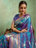 Dual Tone Banarasi Silk With Golden Zari Woven In Iconic Banarasi Jaal Pattern With Meenakari Hues Throughout Attached Dual Color Jhallar With Fumka