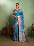 Dual Tone Banarasi Silk With Golden Zari Woven In Iconic Banarasi Jaal Pattern With Meenakari Hues Throughout Attached Dual Color Jhallar With Fumka