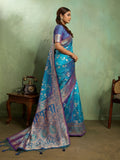 Dual Tone Banarasi Silk With Golden Zari Woven In Iconic Banarasi Jaal Pattern With Meenakari Hues Throughout Attached Dual Color Jhallar With Fumka