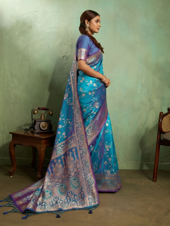 Dual Tone Banarasi Silk With Golden Zari Woven In Iconic Banarasi Jaal Pattern With Meenakari Hues Throughout Attached Dual Color Jhallar With Fumka