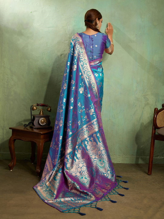 Dual Tone Banarasi Silk With Golden Zari Woven In Iconic Banarasi Jaal Pattern With Meenakari Hues Throughout Attached Dual Color Jhallar With Fumka