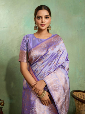 Dual Tone Banarasi Silk With Golden Zari Woven In Iconic Banarasi Jaal Pattern With Meenakari Hues Throughout Attached Dual Color Jhallar With Fumka