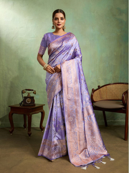 Dual Tone Banarasi Silk With Golden Zari Woven In Iconic Banarasi Jaal Pattern With Meenakari Hues Throughout Attached Dual Color Jhallar With Fumka