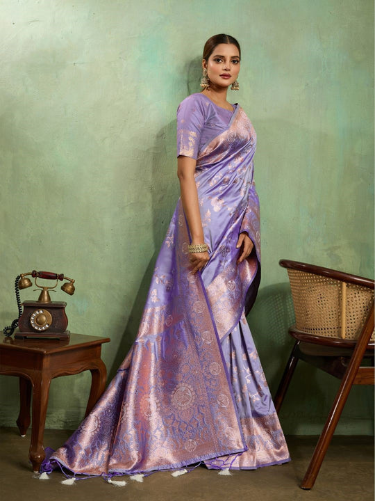Dual Tone Banarasi Silk With Golden Zari Woven In Iconic Banarasi Jaal Pattern With Meenakari Hues Throughout Attached Dual Color Jhallar With Fumka