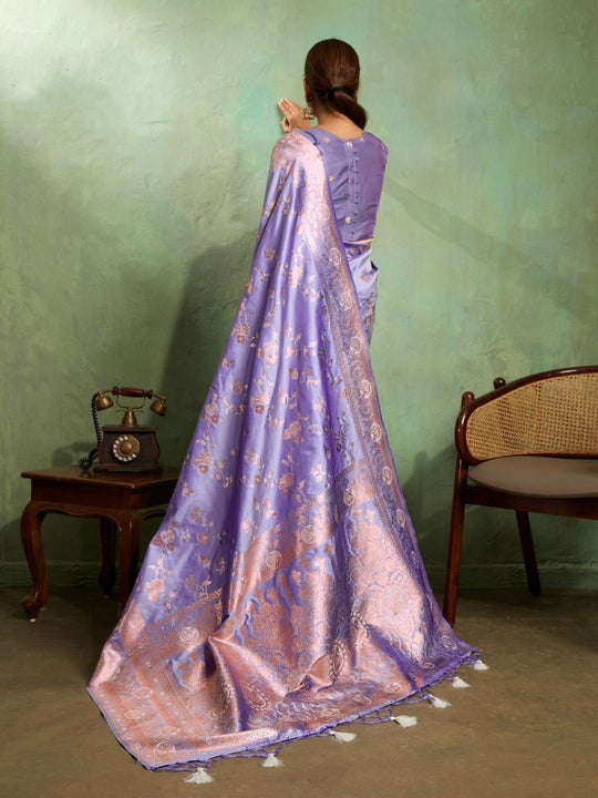 Dual Tone Banarasi Silk With Golden Zari Woven In Iconic Banarasi Jaal Pattern With Meenakari Hues Throughout Attached Dual Color Jhallar With Fumka