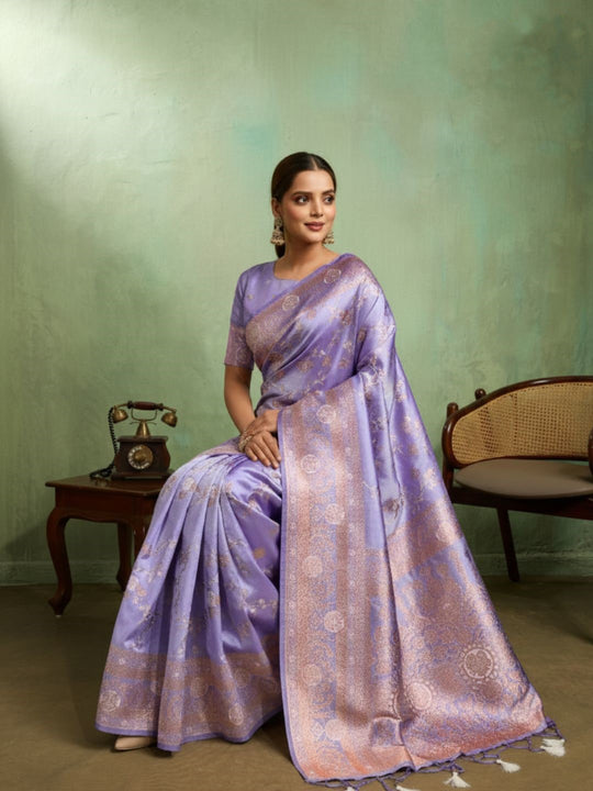 Dual Tone Banarasi Silk With Golden Zari Woven In Iconic Banarasi Jaal Pattern With Meenakari Hues Throughout Attached Dual Color Jhallar With Fumka