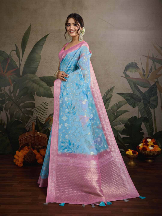 Blue Pure Cotton Double Zari Woven Banarasi Printed With Blouse Piece