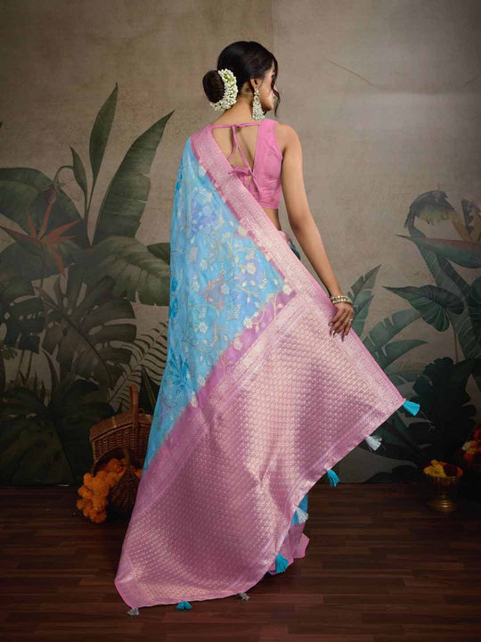 Blue Pure Cotton Double Zari Woven Banarasi Printed With Blouse Piece