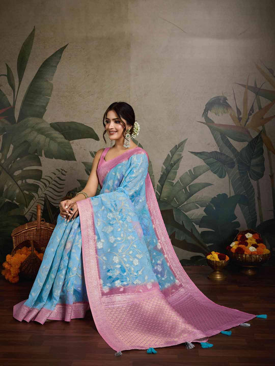 Blue Pure Cotton Double Zari Woven Banarasi Printed With Blouse Piece