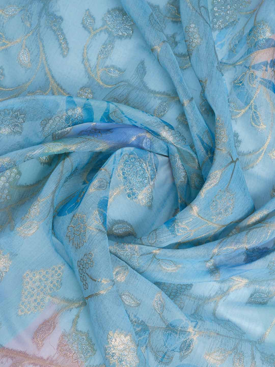 Blue Pure Cotton Double Zari Woven Banarasi Printed With Blouse Piece