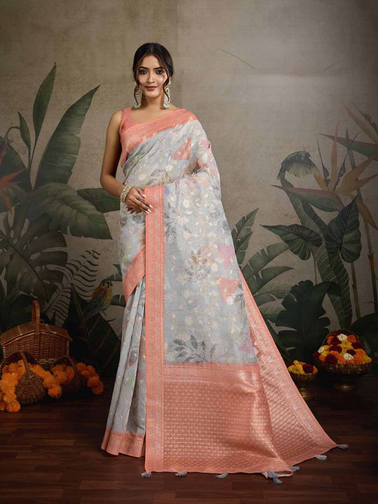 Grey Pure Cotton Double Zari Woven Banarasi Printed With Blouse Piece