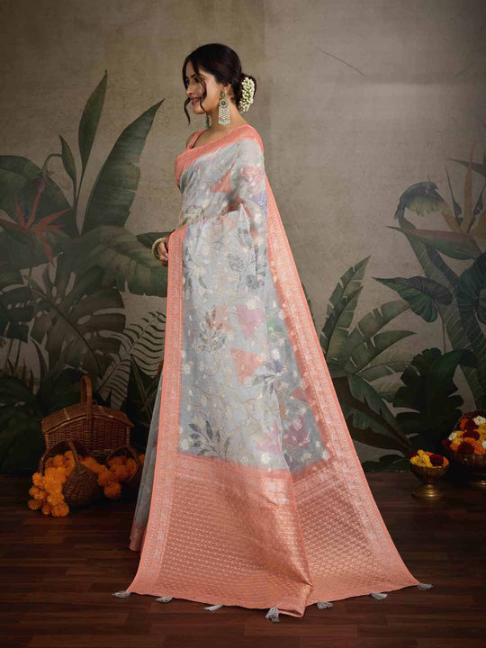 Grey Pure Cotton Double Zari Woven Banarasi Printed With Blouse Piece