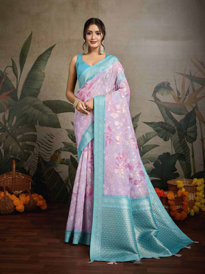 Pink Pure Cotton Double Zari Woven Banarasi Printed With Blouse Piece