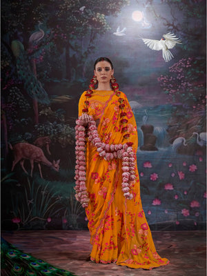 Gold Simmer Multi Thread Work Embroidered Saree