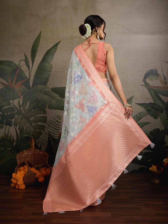 Grey Pure Cotton Double Zari Woven Banarasi Printed With Blouse Piece