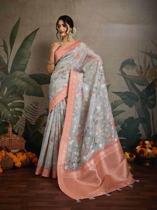 Grey Pure Cotton Double Zari Woven Banarasi Printed With Blouse Piece