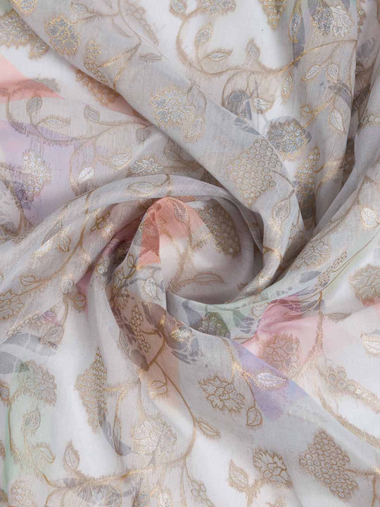 Grey Pure Cotton Double Zari Woven Banarasi Printed With Blouse Piece