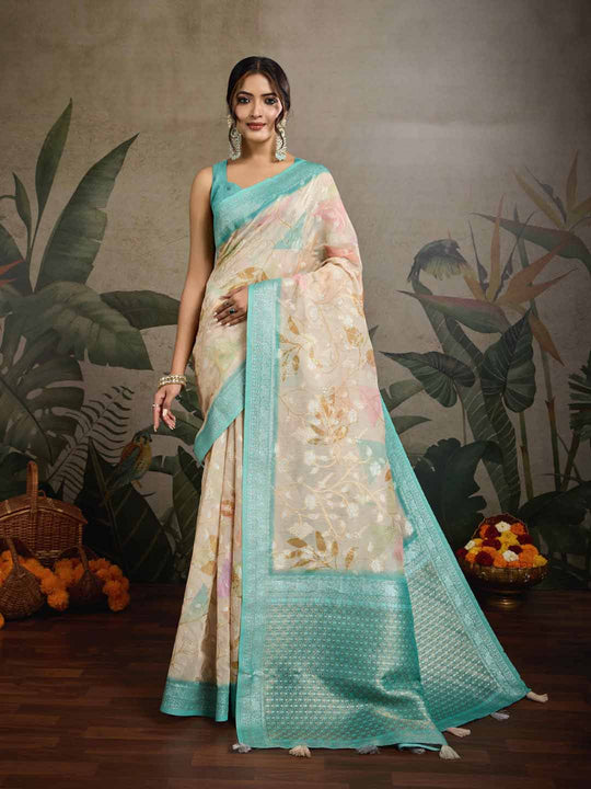 Beige Pure Cotton Double Zari Woven Banarasi Printed With Blouse Piece