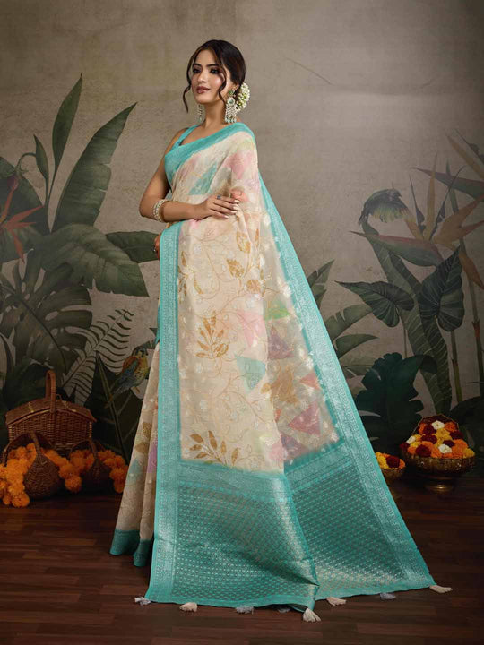 Beige Pure Cotton Double Zari Woven Banarasi Printed With Blouse Piece