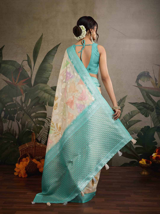 Beige Pure Cotton Double Zari Woven Banarasi Printed With Blouse Piece