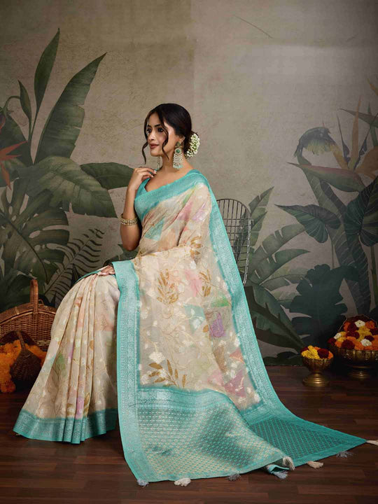 Beige Pure Cotton Double Zari Woven Banarasi Printed With Blouse Piece