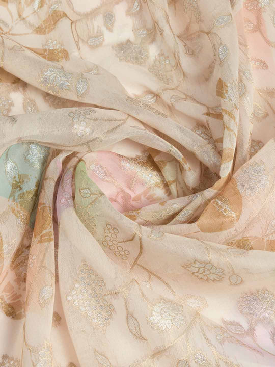 Beige Pure Cotton Double Zari Woven Banarasi Printed With Blouse Piece