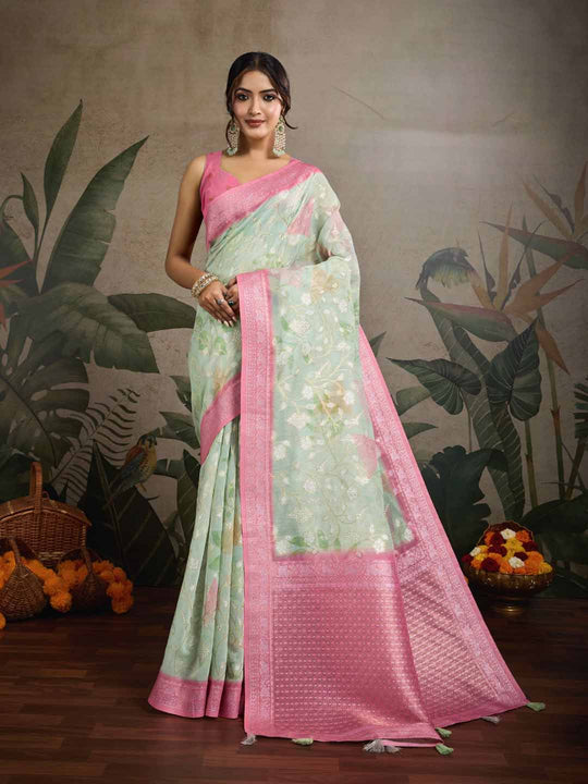 Seagreen Pure Cotton Double Zari Woven Banarasi Printed With Blouse Piece