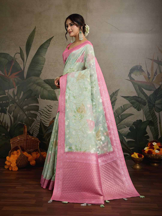 Pistagreen Pure Cotton Double Zari Woven Banarasi Printed With Blouse Piece