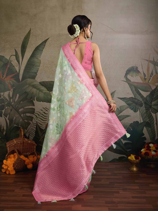 Seagreen Pure Cotton Double Zari Woven Banarasi Printed With Blouse Piece