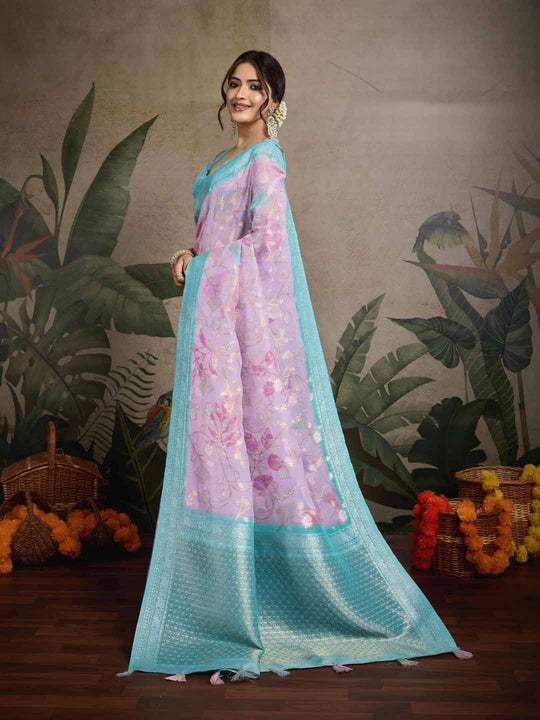 Pink Pure Cotton Double Zari Woven Banarasi Printed With Blouse Piece