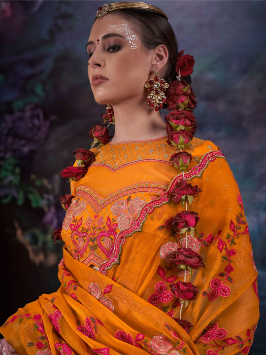 Gold Simmer Multi Thread Work Embroidered Saree