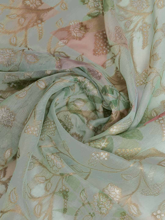 Pistagreen Pure Cotton Double Zari Woven Banarasi Printed With Blouse Piece