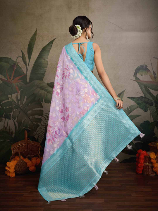 Pink Pure Cotton Double Zari Woven Banarasi Printed With Blouse Piece