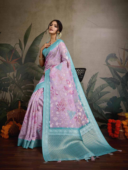 Pink Pure Cotton Double Zari Woven Banarasi Printed With Blouse Piece